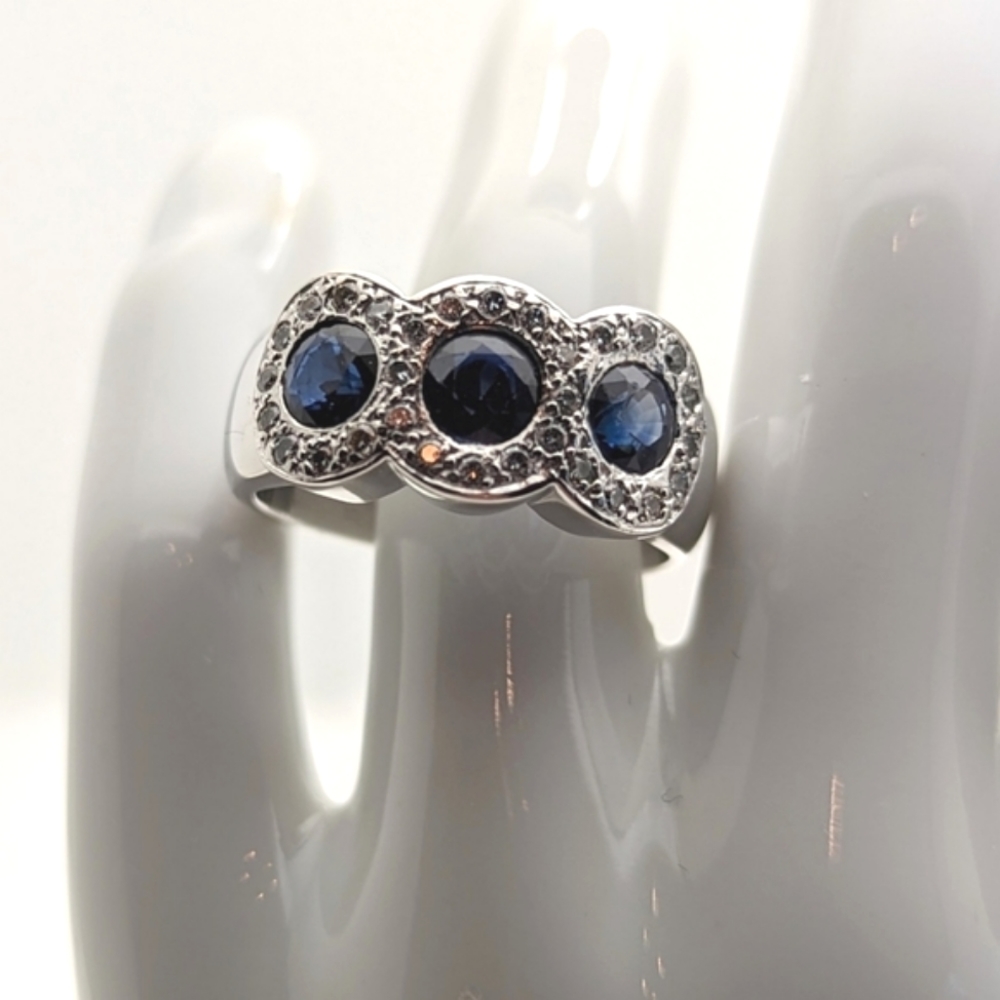 Gorgeous Three Stone Sapphire Diamond Halo Ring 18K White Gold